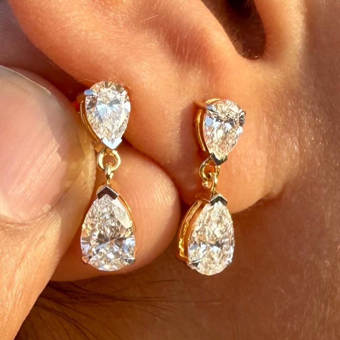 3CTW Pear Lab Grown Diamond Dangle Earrings | 14K Gold Bridal Jewelry