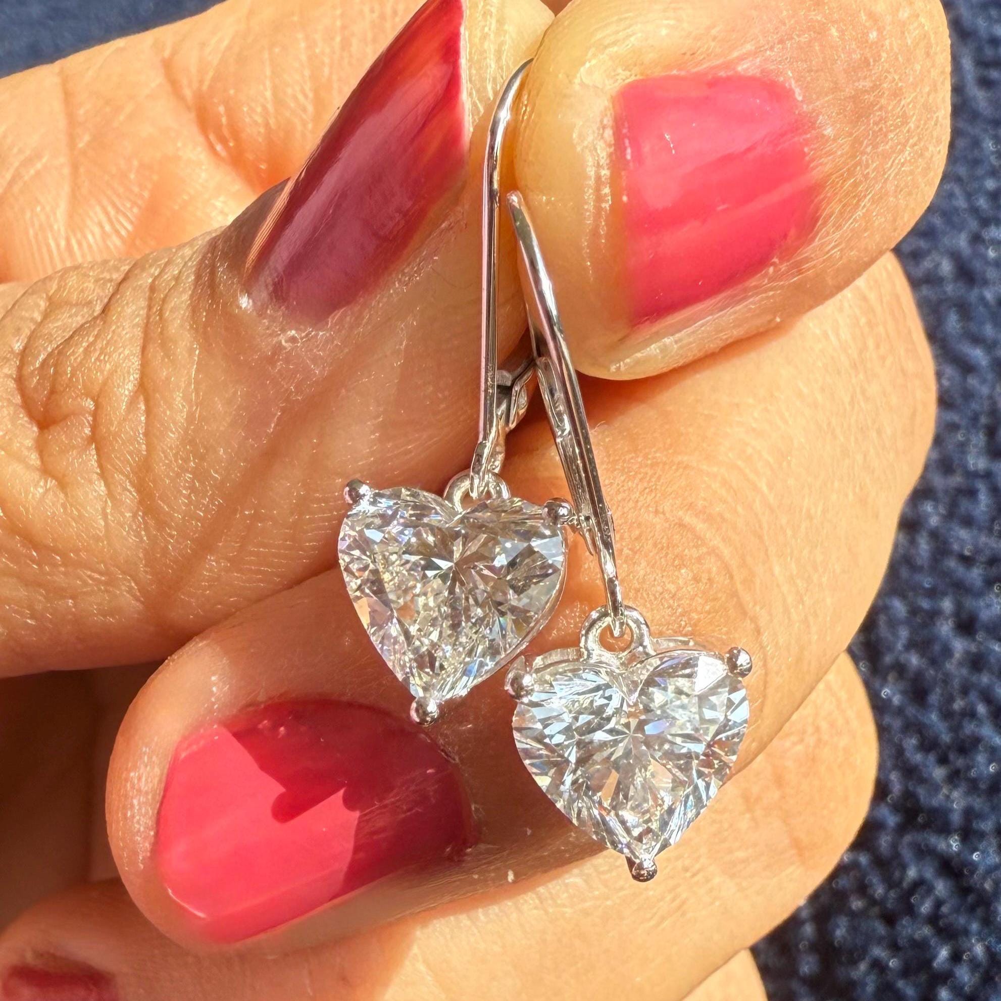 14K Solid Gold Heart Lab Grown Diamond Dangle Earrings: IGI Certified
