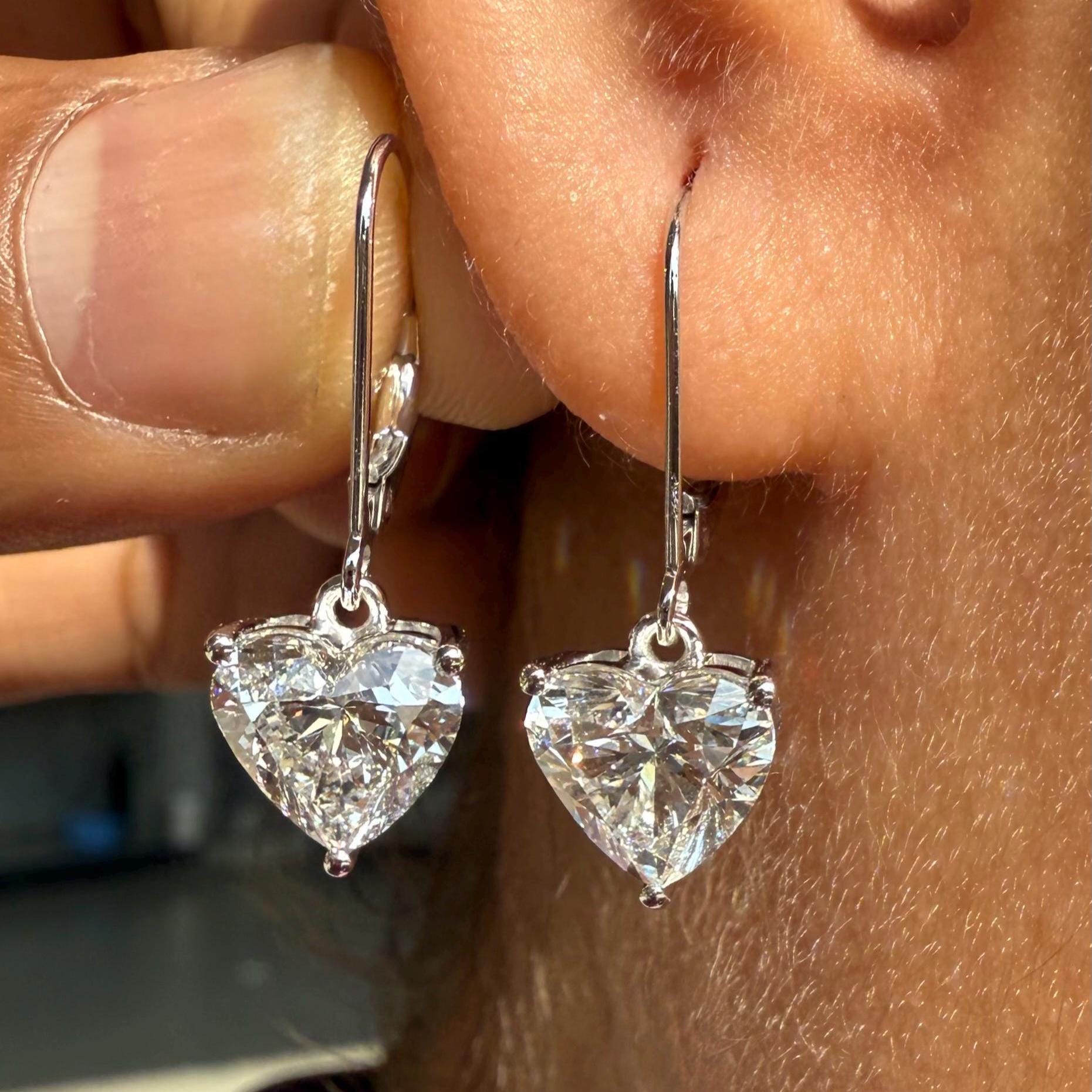 14K Solid Gold Heart Lab Grown Diamond Dangle Earrings: IGI Certified