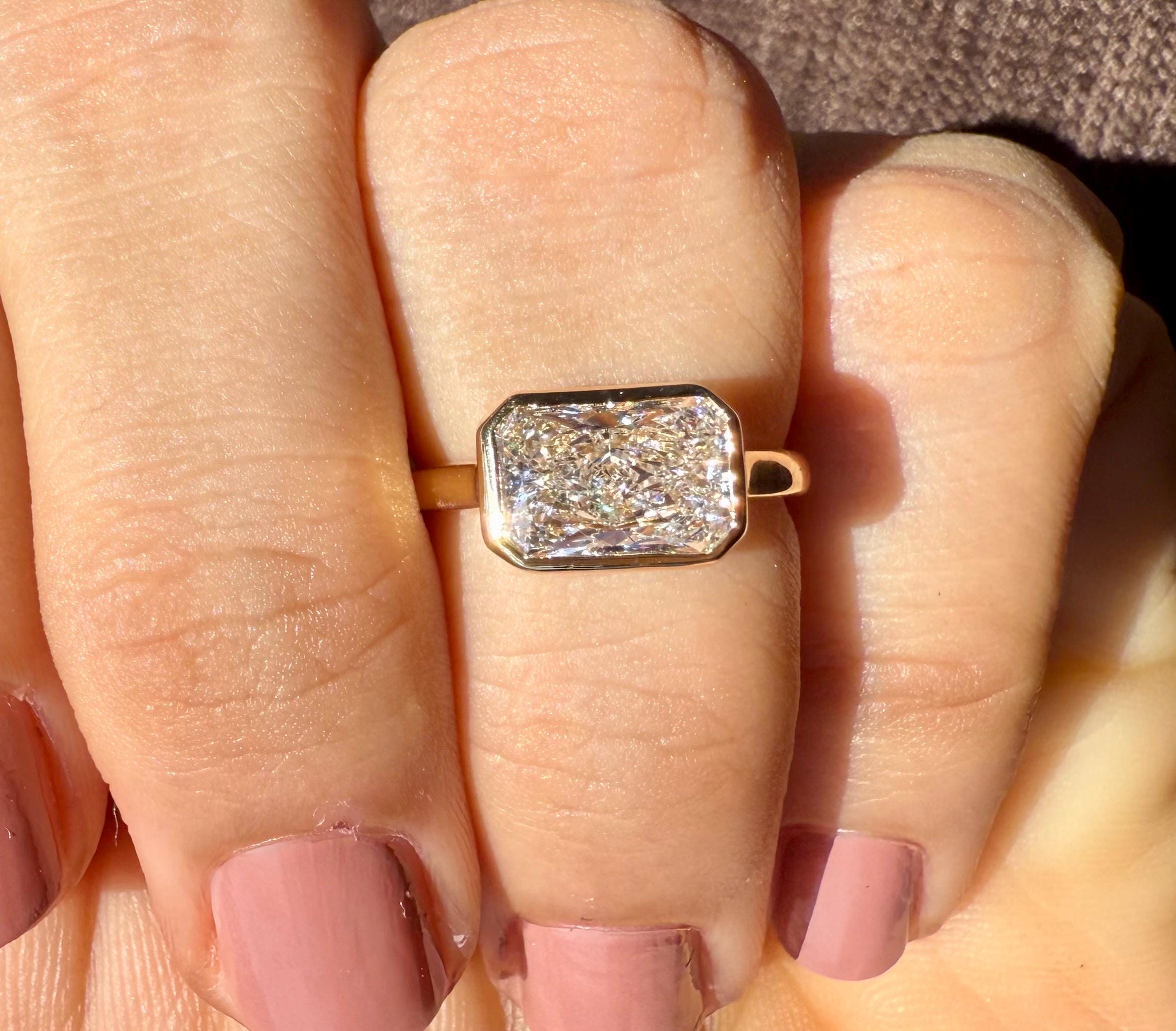 2CT Radiant Cut Lab Diamond East West Bezel Ring | 14K Solid Gold IGI Certified E VS