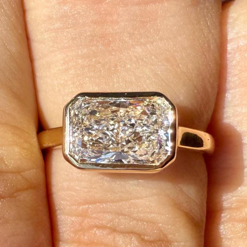 2CT Radiant Cut Lab Diamond East West Bezel Ring | 14K Solid Gold IGI Certified E VS