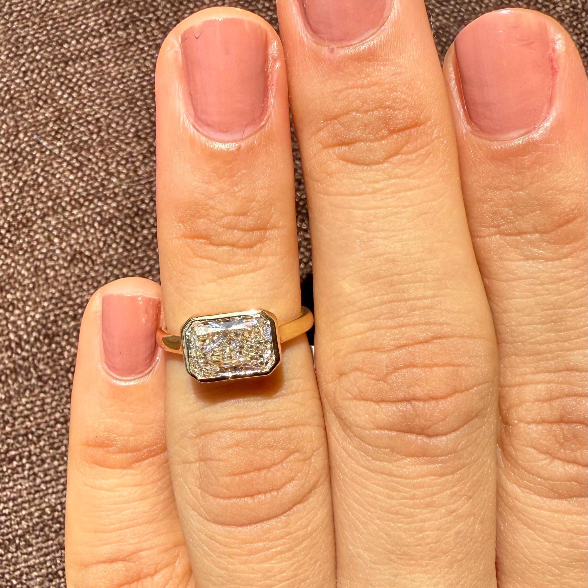 2CT Radiant Cut Lab Diamond East West Bezel Ring | 14K Solid Gold IGI Certified E VS