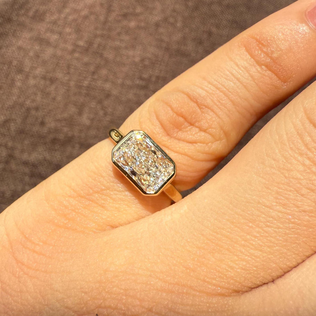 2CT Radiant Cut Lab Diamond East West Bezel Ring | 14K Solid Gold IGI Certified E VS