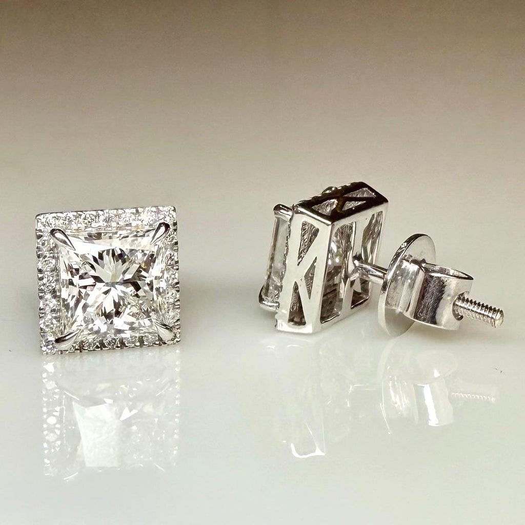 Lab Grown Princess Cut Diamond Halo Stud Earrings | 3.20CTW IGI Certified 14K Gold Pair