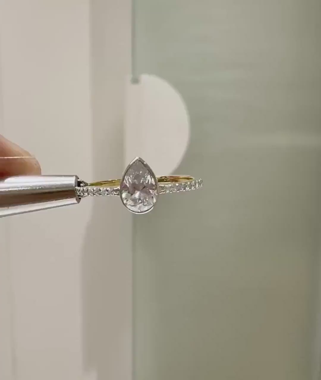 Pear Cut Lab Grown Diamond Engagement Ring: 14K Solid Gold Bezel Set Solitaire Ring