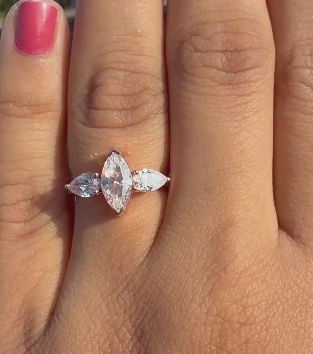 Marquise Lab Grown Diamond Three Stone 14K Gold Engagement Ring