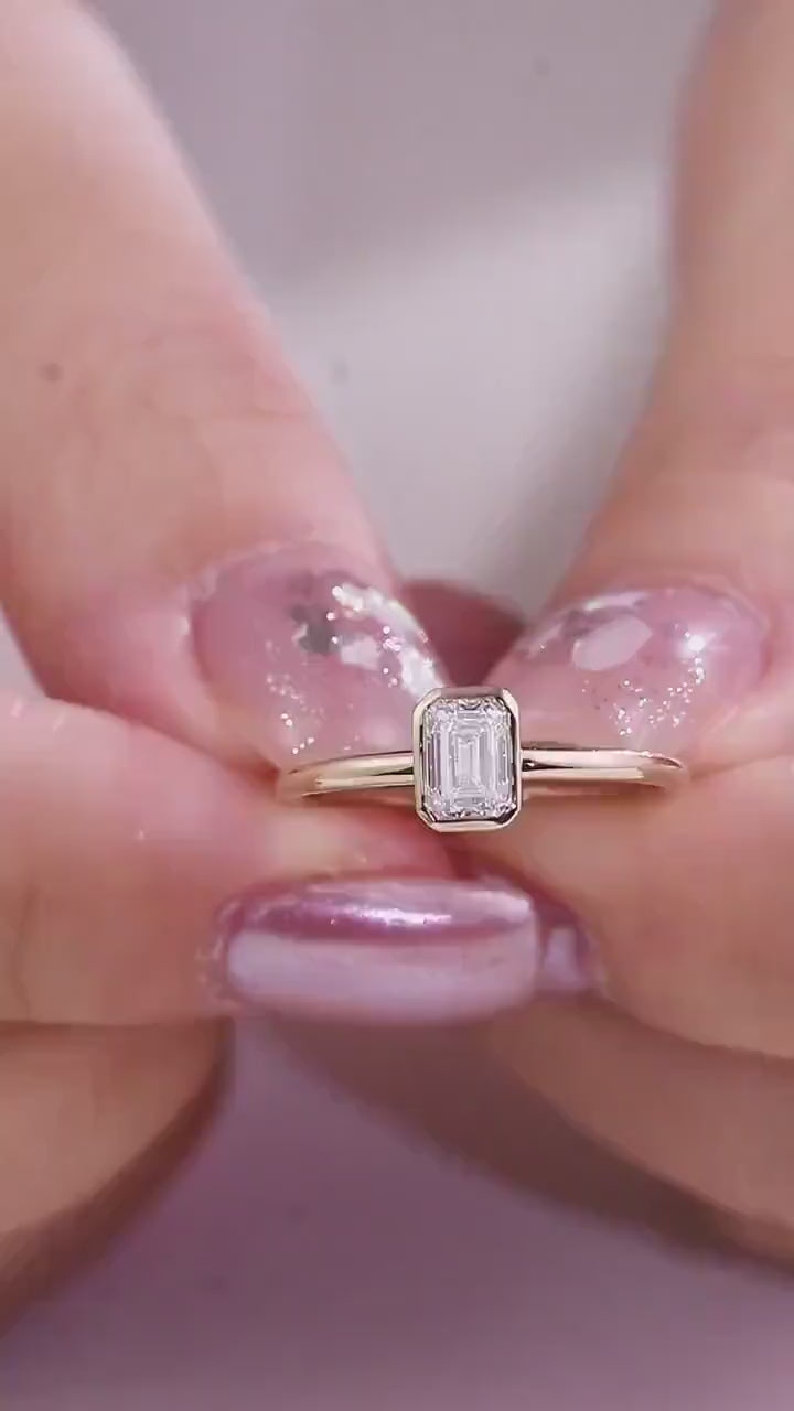 1ct Emerald Cut Lab Grown Diamond Ring | 14K Gold Bezel Solitaire