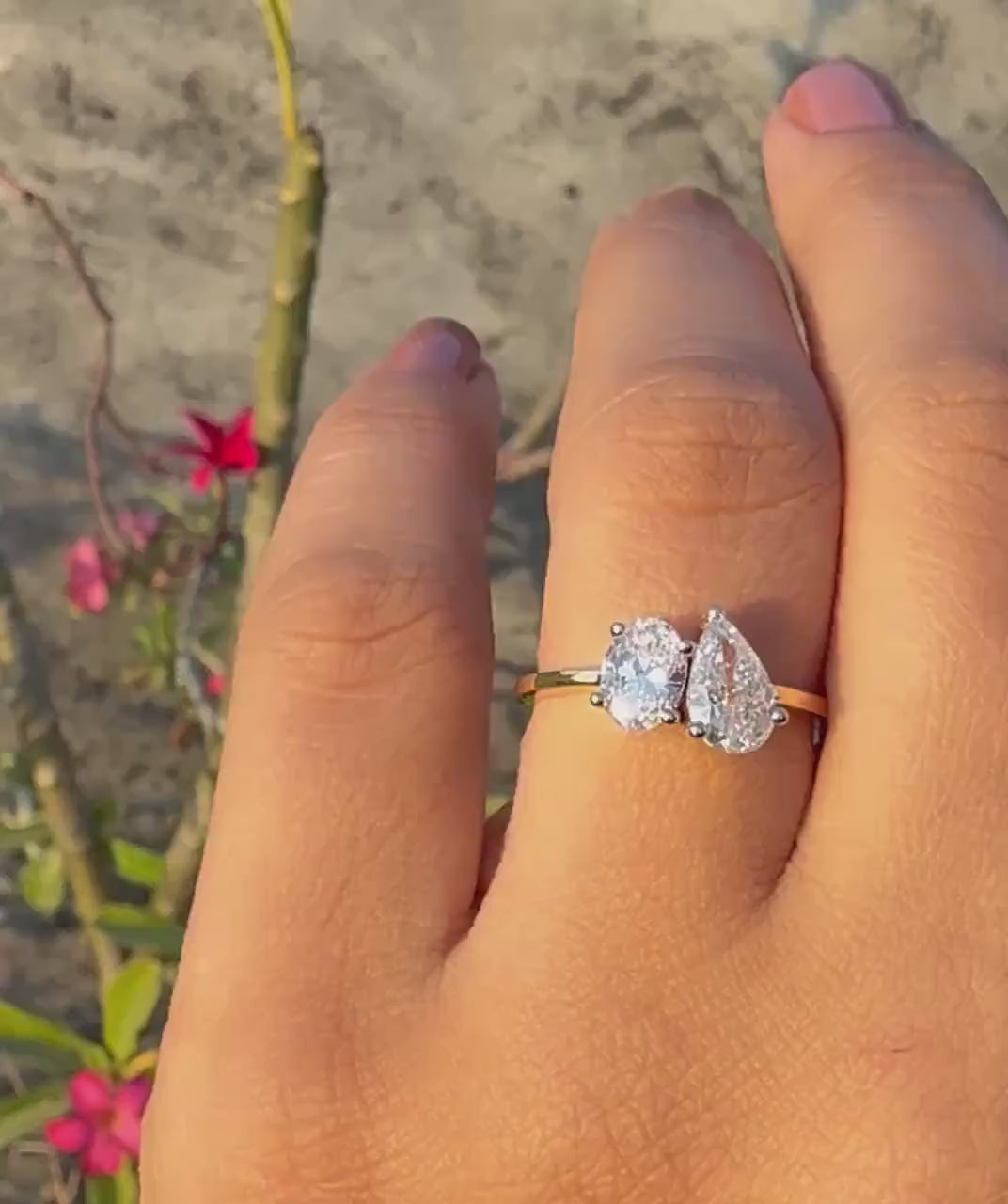 Lab Grown Diamond Toi et Moi Ring: 14K Gold Pear & Oval Cut Engagement Ring