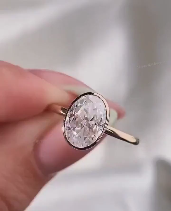 3CT Oval Lab Grown Diamond Engagement Ring | 14K Gold Bezel Set Solitaire | IGI Certified