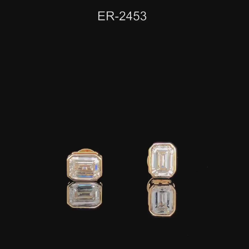 3.00ctw Emerald Cut Lab Grown Diamond Studs: 14K Gold Bezel Set Earrings