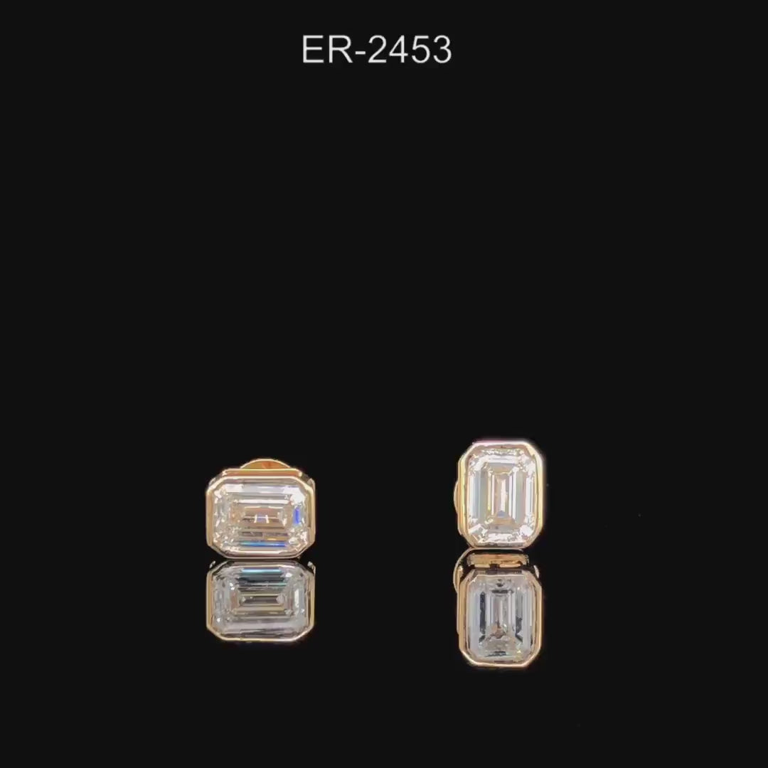 3.00ctw Emerald Cut Lab Grown Diamond Studs: 14K Gold Bezel Set Earrings