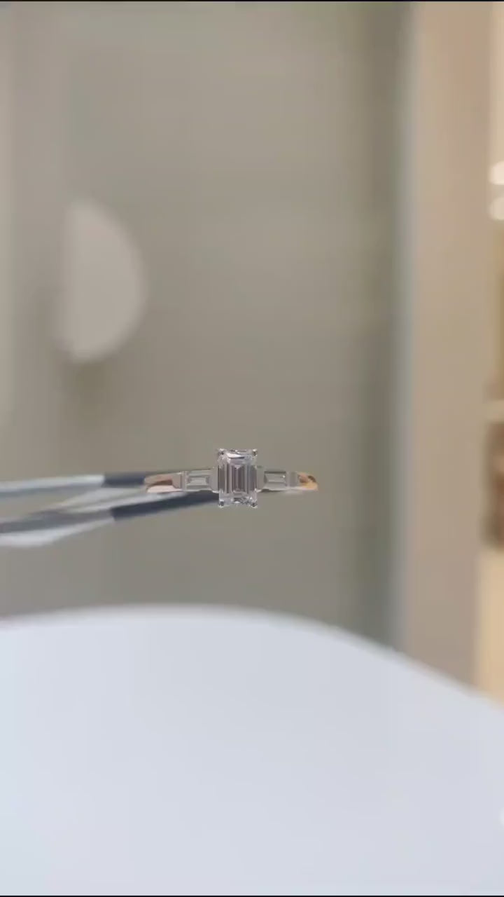 14K Gold Emerald Cut Lab Grown Diamond Ring | Three Stone Engagement Ring