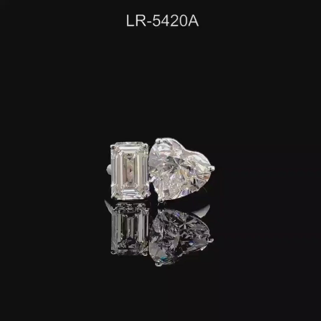 5CT Lab Grown Diamond Toi et Moi Ring: 14K Gold Heart & Emerald Cut