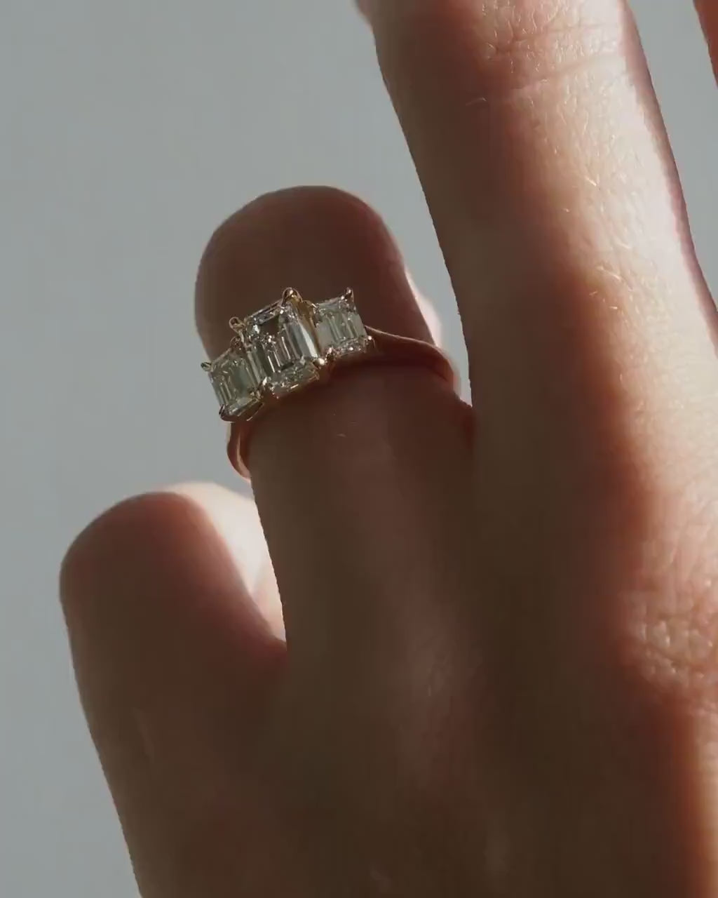 Emerald Cut Lab Grown Diamond Three Stone Ring | 14K Solid Gold, IGI Certified