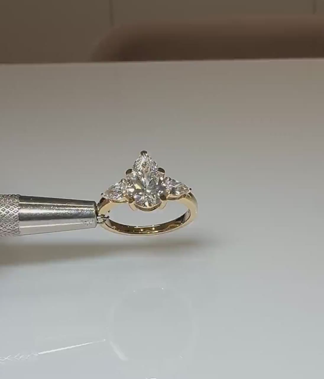 Pear Cut IGI Lab Grown Diamond Ring | 14K Gold Three Stone Engagement