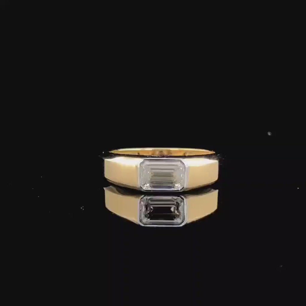 Emerald Cut 2CT Lab Grown Diamond Mens Ring: 14K Gold Bezel Set