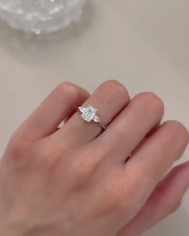 Emerald Cut Lab Diamond Engagement Ring | Pear Side Stones, 14K Gold, IGI Certified