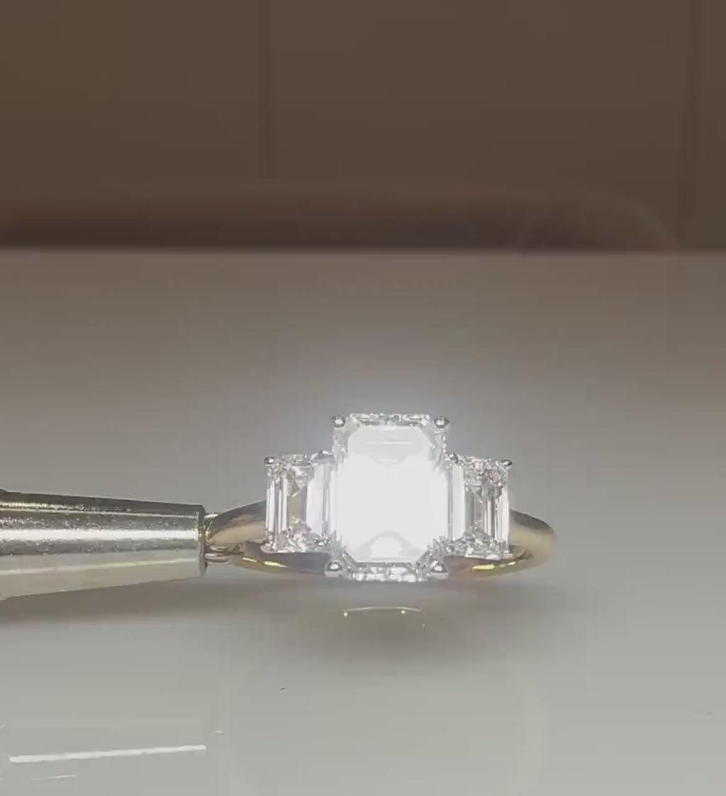 Emerald Cut Lab Grown Diamond Three Stone Ring: 14K Gold Engagement Ring