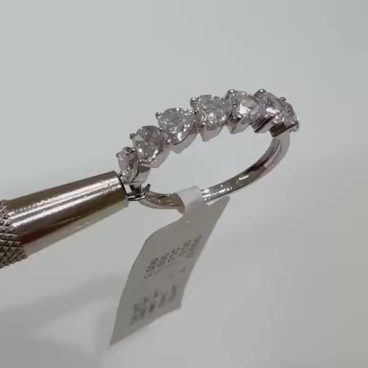 14K Gold Heart Cut Lab Diamond Wedding Band: 7 Stone Half Eternity Ring