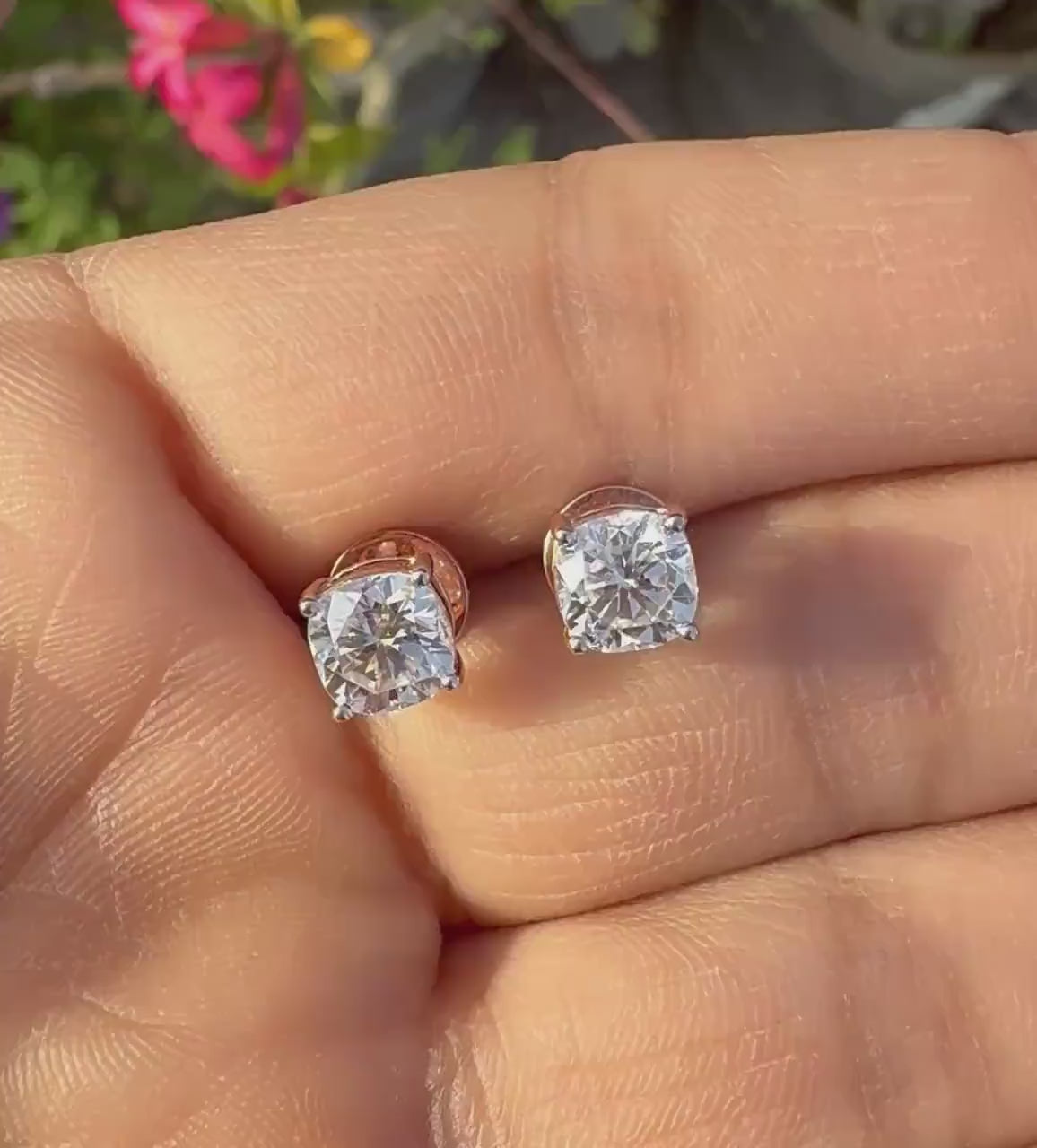 IGI Certified Cushion Lab Grown Diamond Stud Earrings | 14K Gold Solitaire Studs