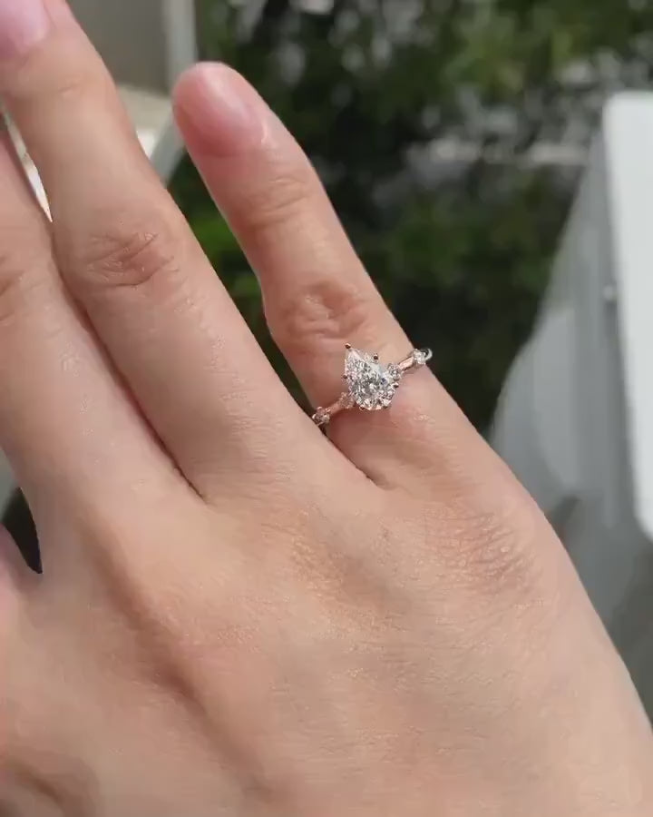 Pear Cut Lab Diamond Engagement Ring | 14K Solid Gold Minimalist Side Stone