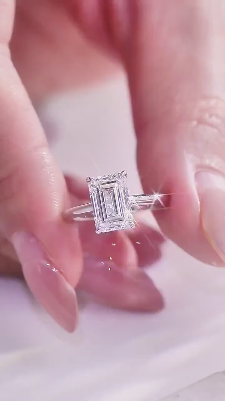 3CT Emerald Cut Lab Grown Diamond Engagement Ring | 14K Solid Gold Solitaire Ring