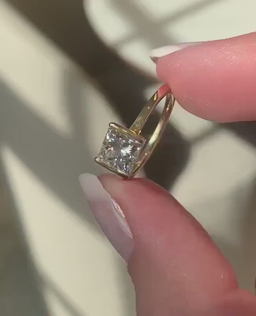 1.5CT Princess Cut Lab Diamond Engagement Ring | 14K Gold Half Bezel Solitaire | IGI Certified
