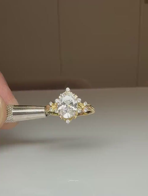 1.50CT Oval Lab Grown Diamond Engagement Ring | 14K Solid Gold Floral Halo, IGI Certified