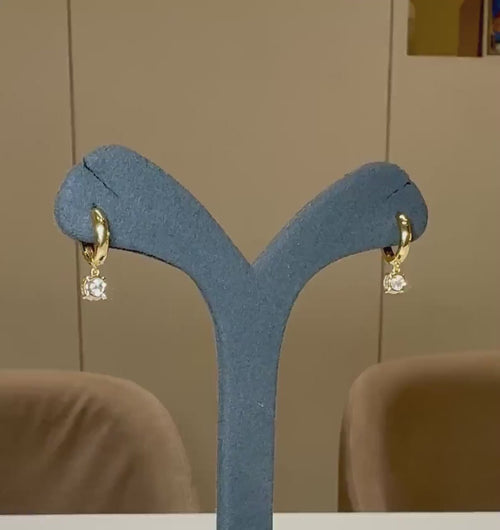14K Solid Gold Diamond Hoop Earrings | Round Lab Grown Diamond Drop Huggies