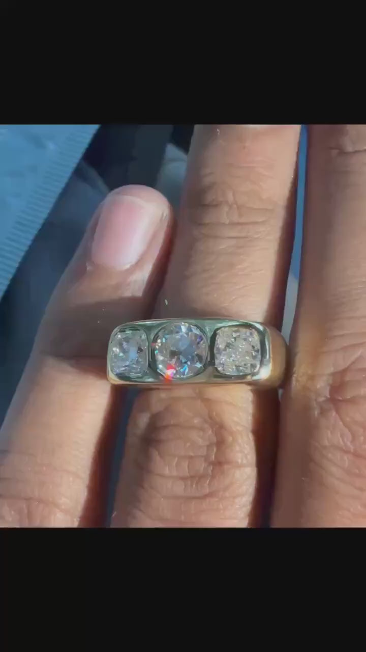 14K Gold Lab Grown Diamond Three Stone Ring | Modern Wide Band