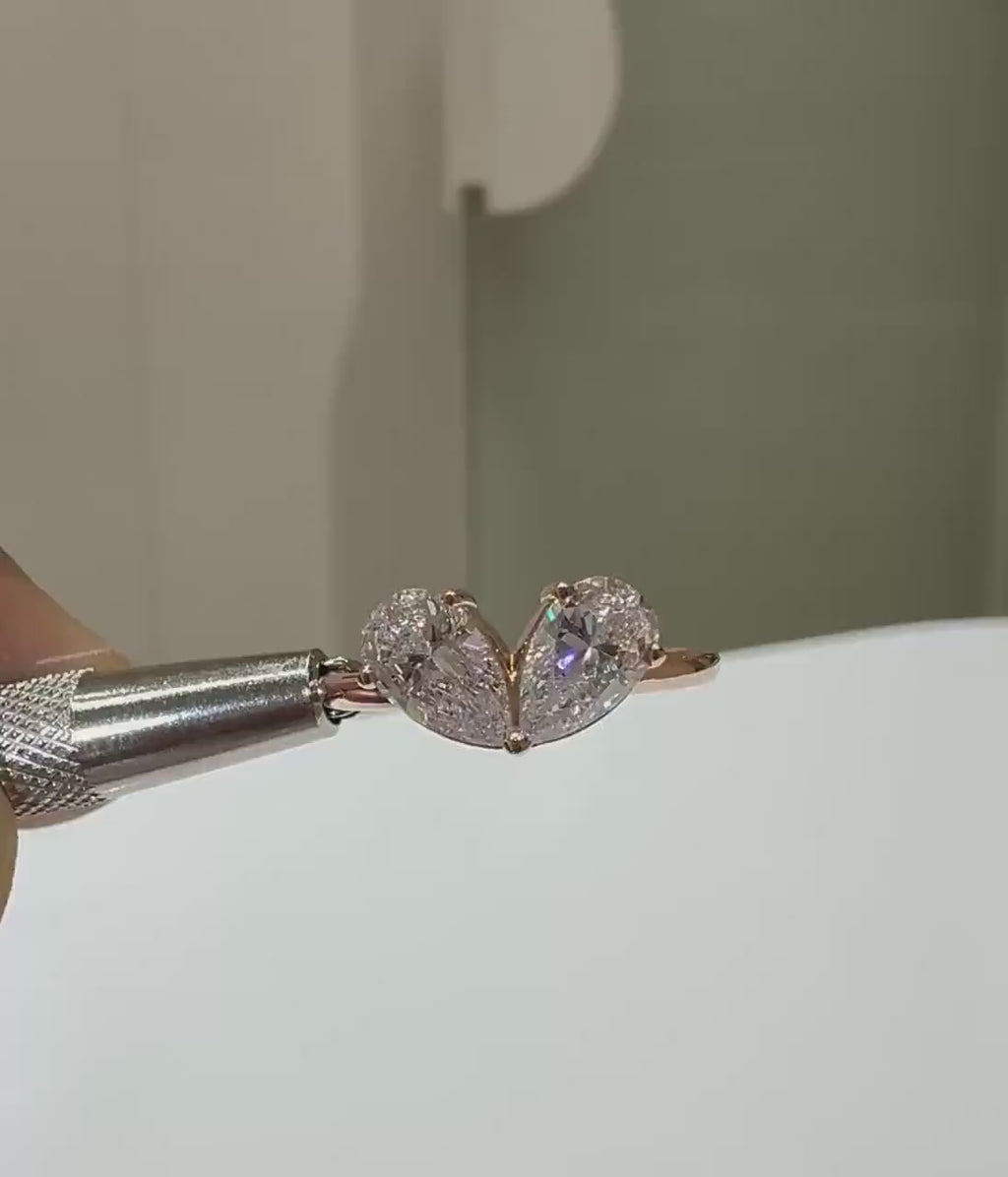 Lab Grown Diamond Toi et Moi Ring: 14K Gold Pear Cut Heart Engagement Ring