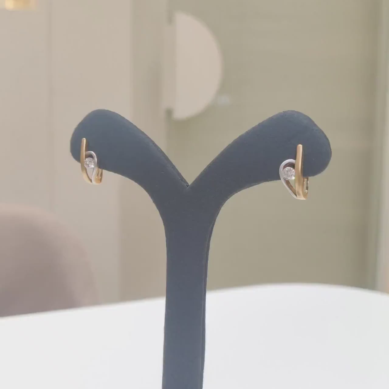 14K Two Tone Gold Lab Grown Diamond Hoop Earrings: Matte U-Shape Huggies