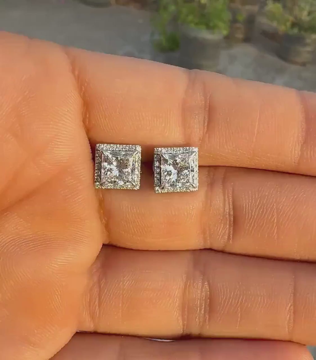 Lab Grown Princess Cut Diamond Halo Stud Earrings | 3.20CTW IGI Certified 14K Gold Pair