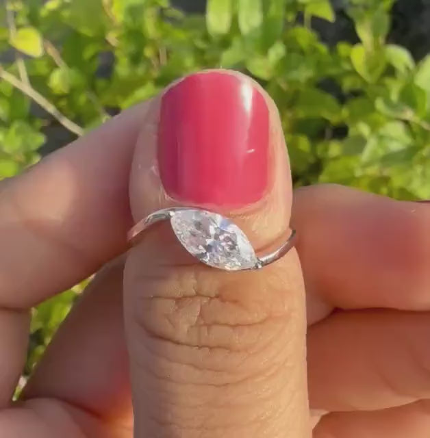 1CT Marquise Lab Grown Diamond Ring: 14K Gold Bypass Engagement Ring