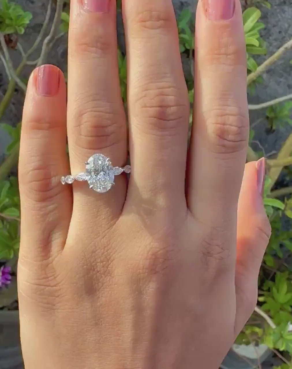 Oval Lab Grown Diamond Engagement Ring | Marquise Side Stones, 14K Gold