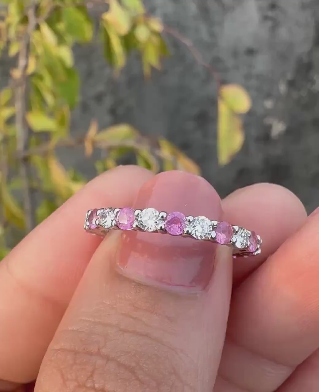 Lab Grown Diamond & Pink Sapphire Wedding Band - 14K Gold Eternity Ring