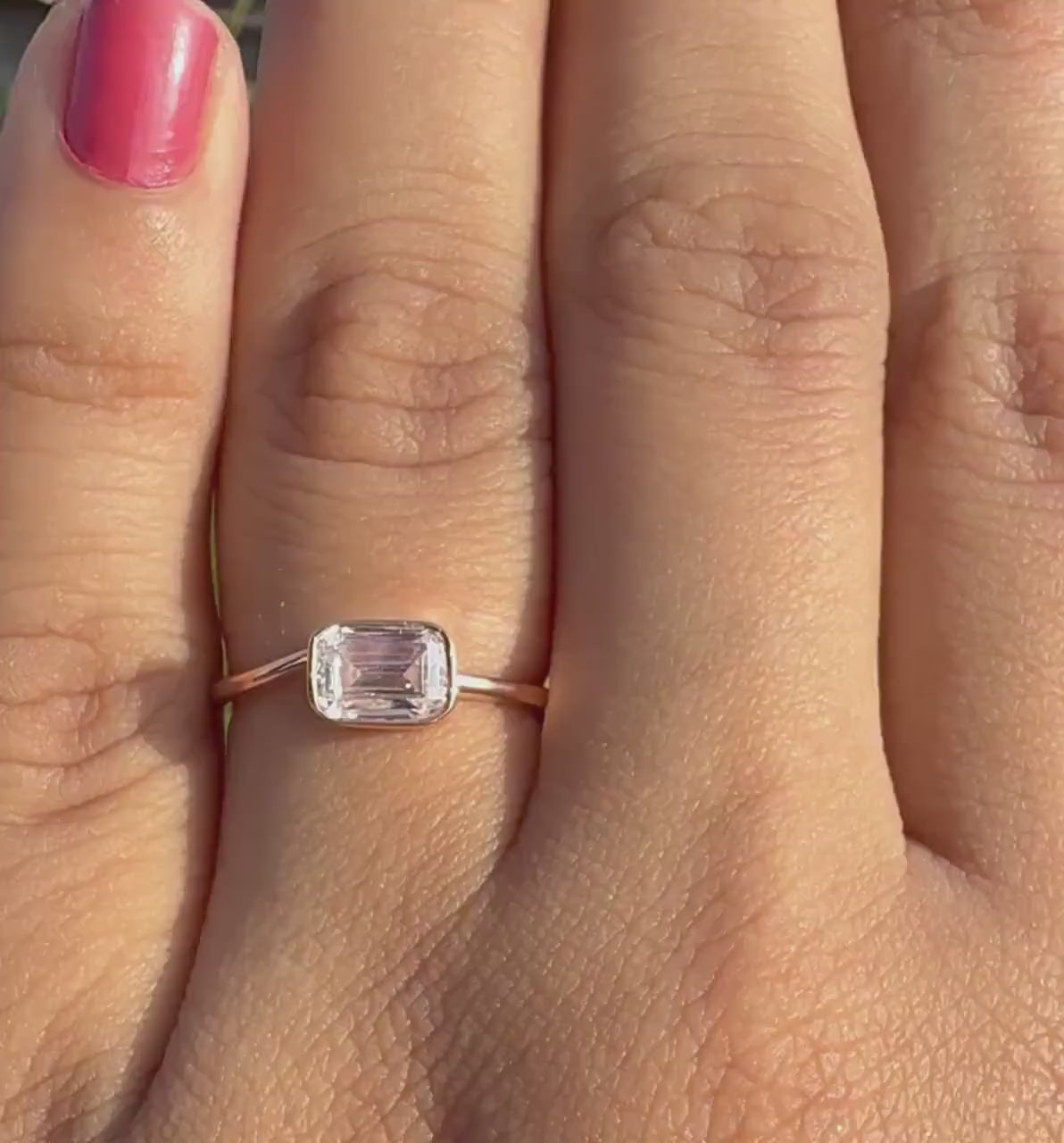 Emerald Cut Lab Grown Diamond Ring: 14K Gold Bezel Set Solitaire