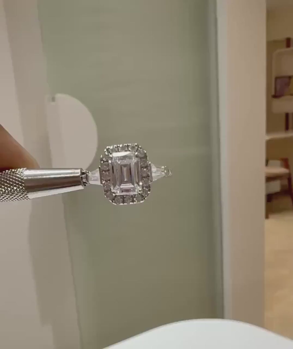 Emerald Cut Lab Grown Diamond Engagement Ring: 14K Gold Baguette Three Stone