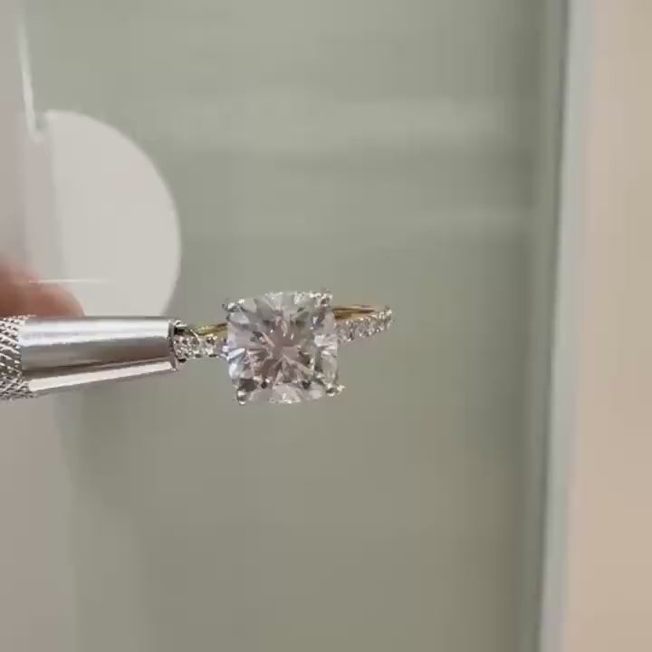 Cushion Cut Lab Grown Diamond Engagement Ring: 14K Gold Hidden Halo, IGI Certified