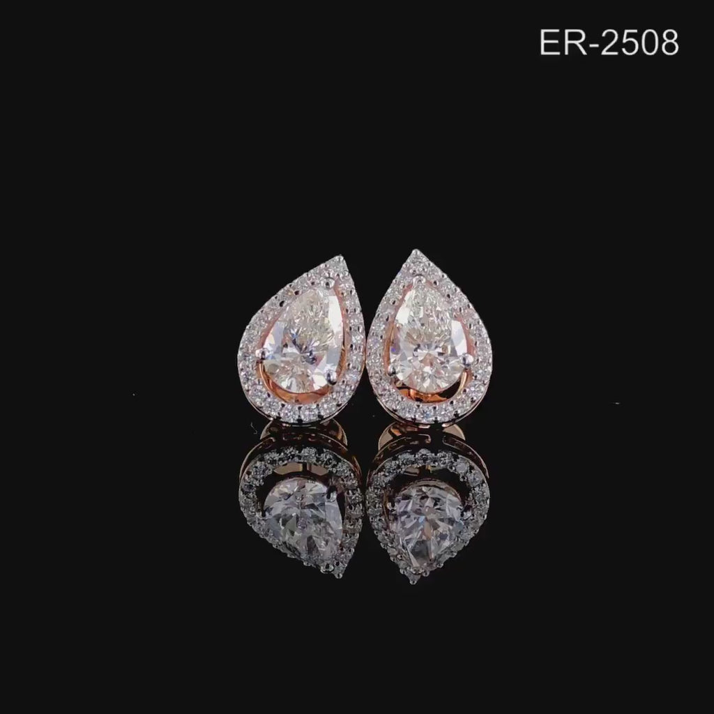 Pear Cut Lab Grown Diamond Halo Stud Earrings | 14K Gold