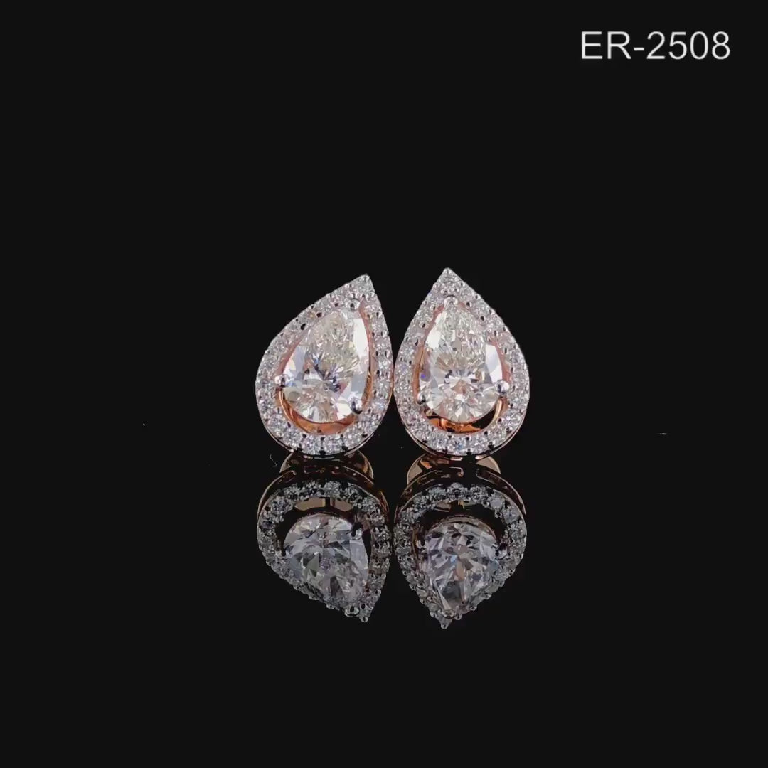 Pear Cut Lab Grown Diamond Halo Stud Earrings | 14K Gold