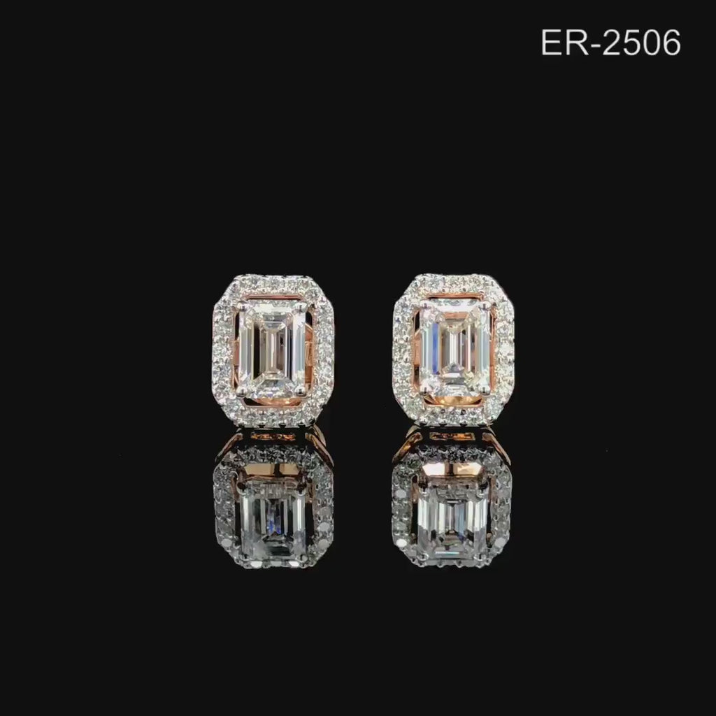 Emerald Cut Lab Grown Diamond Halo Stud Earrings | 14K Gold