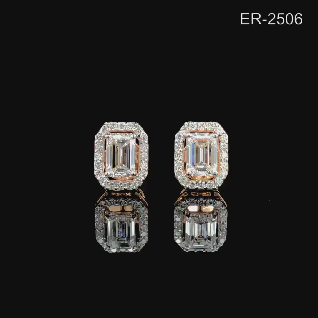 Emerald Cut Lab Grown Diamond Halo Stud Earrings | 14K Gold