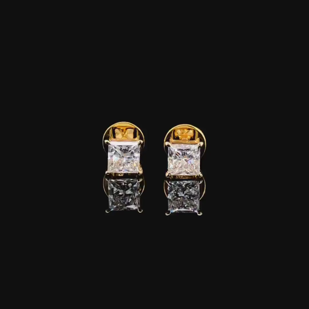 Princess Cut Lab Grown Diamond Stud Earrings: 14K Gold Screw Back