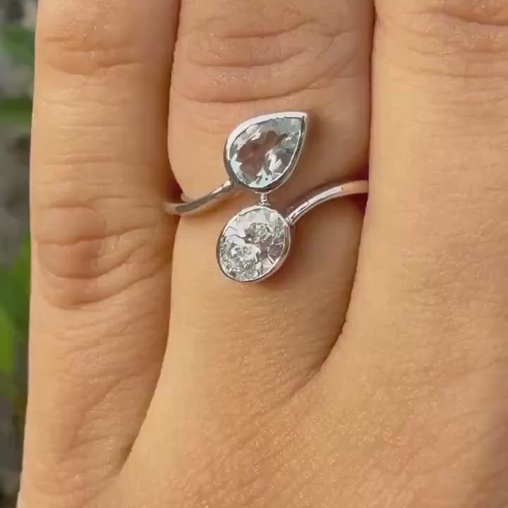 Toi et Moi Ring: 14K Gold, Lab Grown Diamond & Aquamarine Engagement Ring