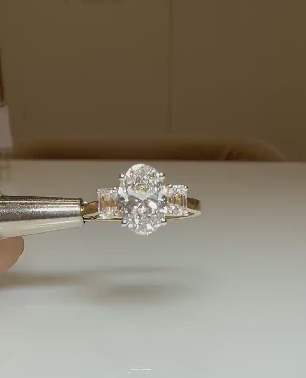 Oval Lab Grown Diamond Engagement Ring: 14K Gold Three Stone Emerald Accents