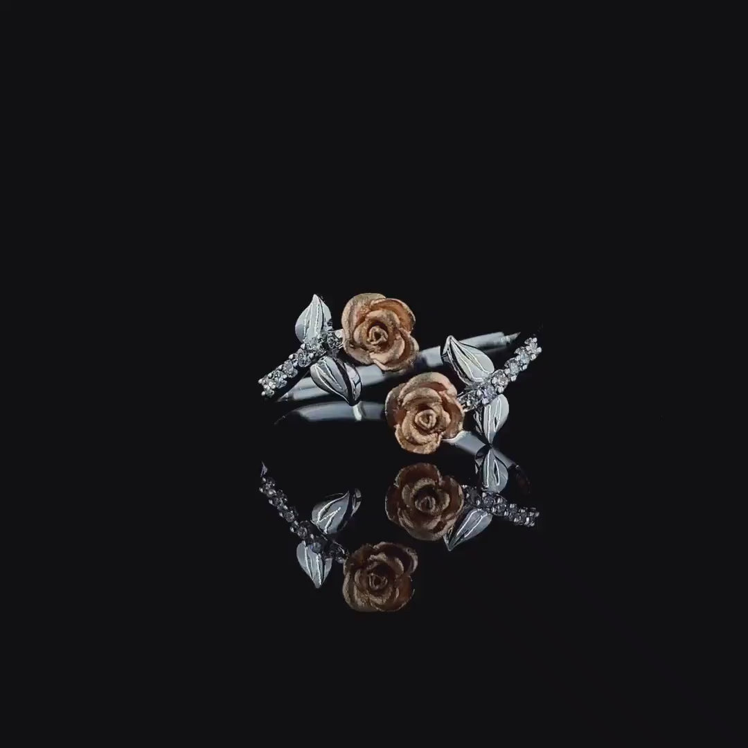Two Tone 14K Gold Flower Ring: Lab Grown CVD Diamond Rose