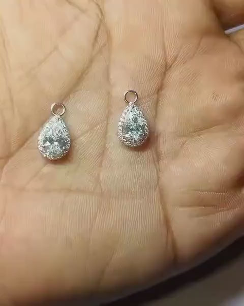 Pear Cut Lab Grown Diamond Hoop Charms Pair | Halo Setting 2.15CTW Teardrop Dangle Charms