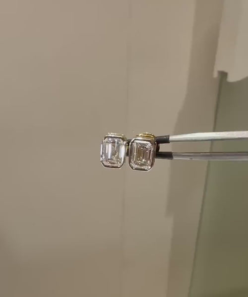 2.00ctw Emerald Cut Lab Grown Diamond Studs: 14K Gold Bezel Earrings